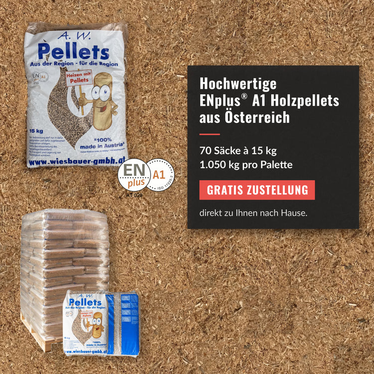 ENplus A1 Holzpellets aus Österreich – 70 Säcke à 15 kg, 1.050 kg pro Palette, gratis Zustellung